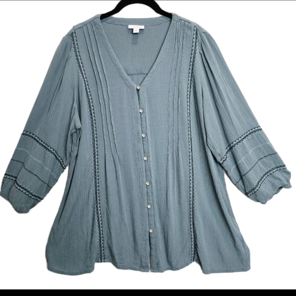 J Jill Tunic Top Size MP Embroidered Long Sleeve Crinkle Fabric Button Up Teal